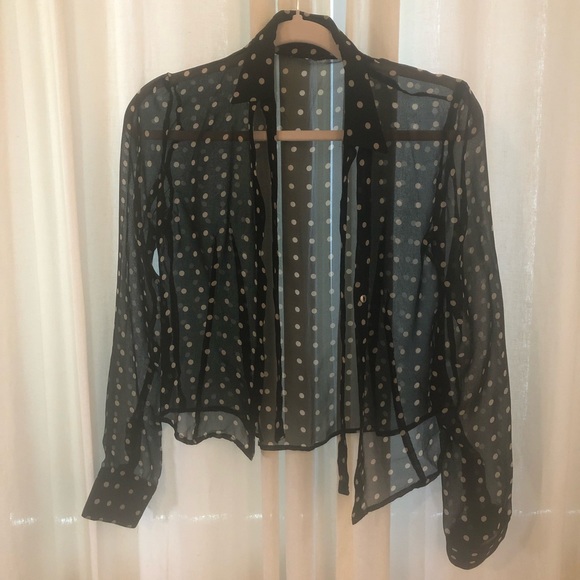 Sheer black polka dot button up blouse with collar and tie - Picture 2 of 4